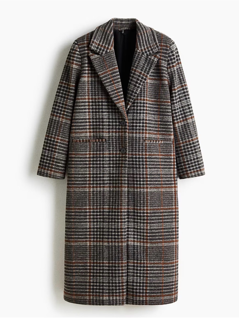 H&M Plaid Wool-Blend Long Pea Coat in Brown and Gray